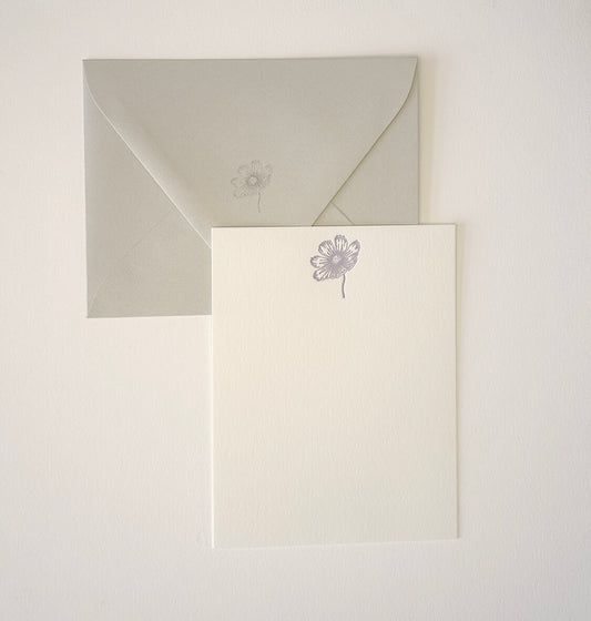 Letterpress flat note card with a purple cosmo flower by Rust Belt Love