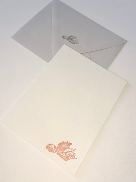 Letterpress flat note card with a peach seashell by Rust Belt Love