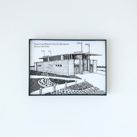 Frank Llyod Wright's Fontana Boathouse illustration in black ink on white paper by Rust Belt Love