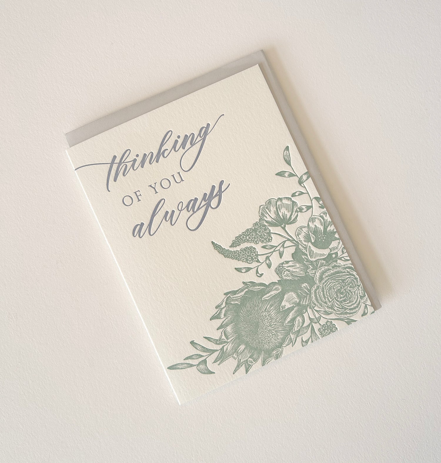 Letterpress friendship card with florals that says "thinking of you always" by Rust Belt Love