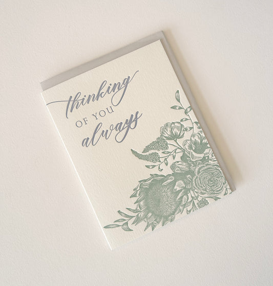 Letterpress friendship card with florals that says "thinking of you always" by Rust Belt Love