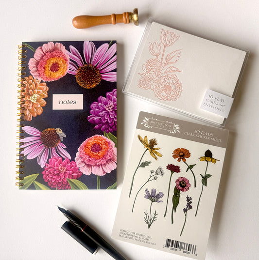 Floral letterpress stationery gift set with a journal notebook, notepad, flat notes, and sticker sheet by Rust Belt Love