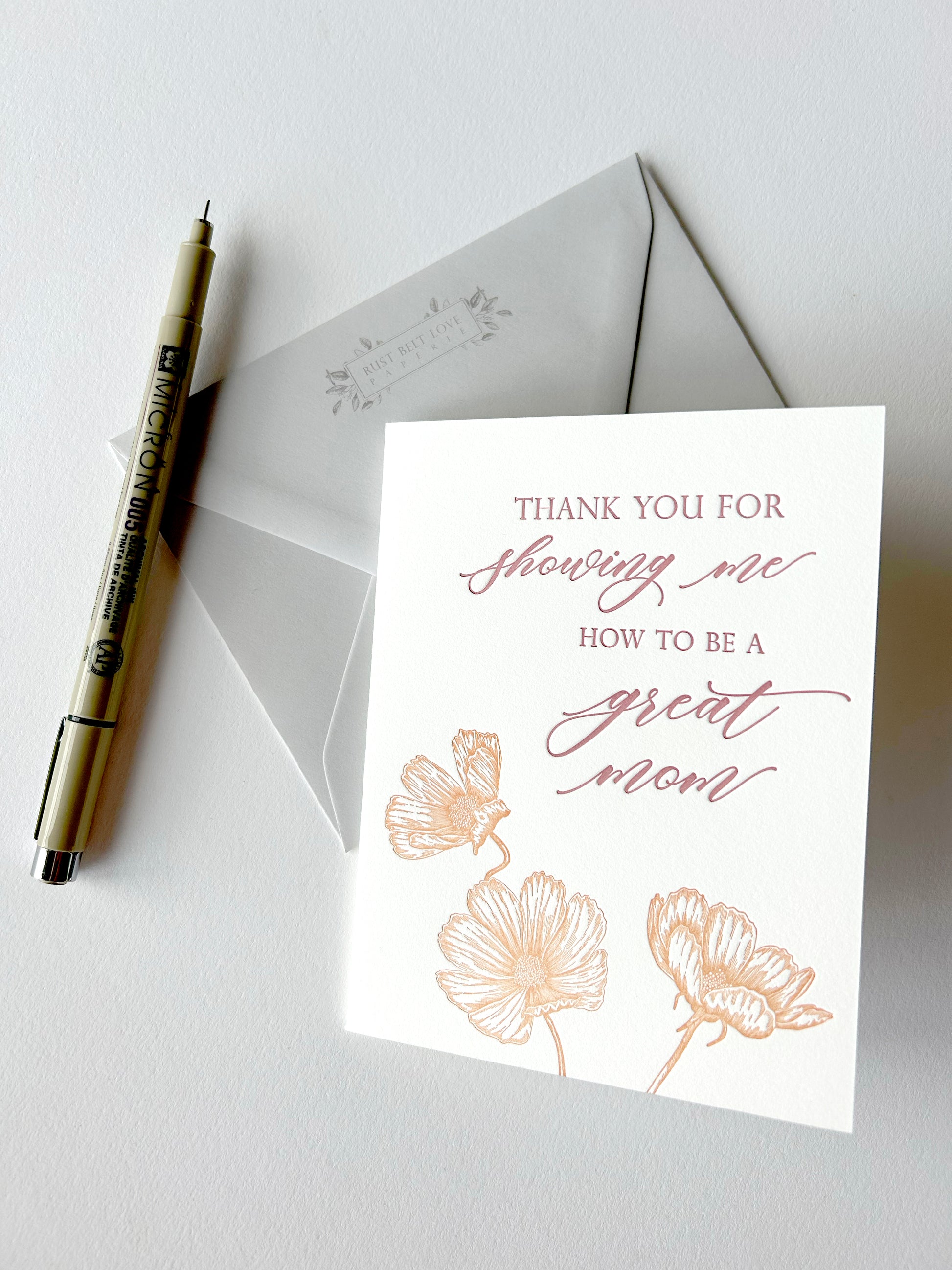 Letterpress mom card with orange florals that reads "Thank you for showing me how to be a great mom" by Rust Belt Love