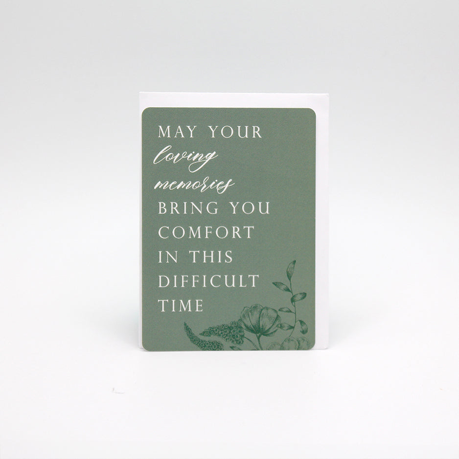 Green floral minicard that reads "May your loving memories bring you comfort in this difficult time" from Rust Belt Love
