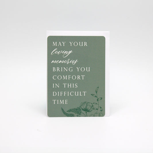Green floral minicard that reads "May your loving memories bring you comfort in this difficult time" from Rust Belt Love