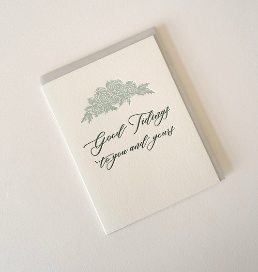 Letterpress holiday card with florals that says " Good tidings to you and yours" by Rust Belt Love
