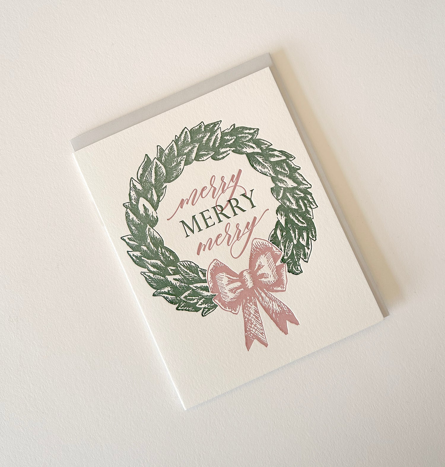 Letterpress holiday card with wreath that says "Merry merry merry" by Rust Belt Love