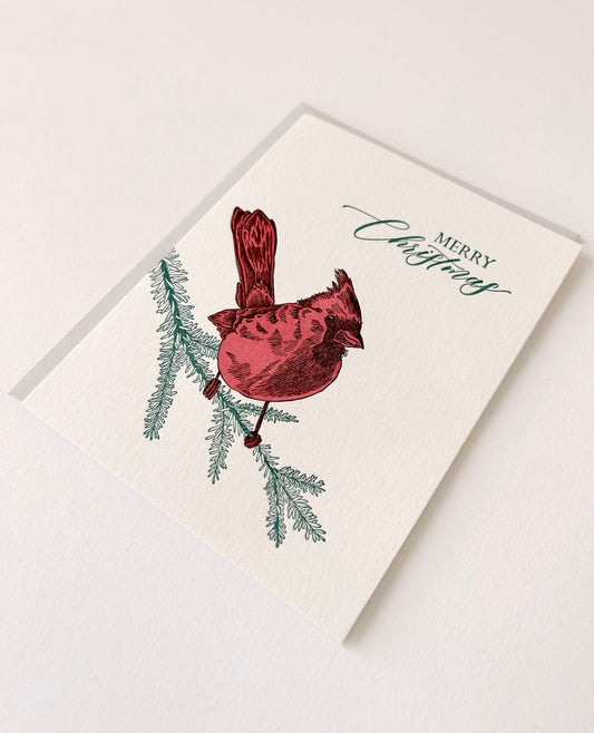 Letterpress holiday card with cardinal that says "Merry Christmas" by Rust Belt Love
