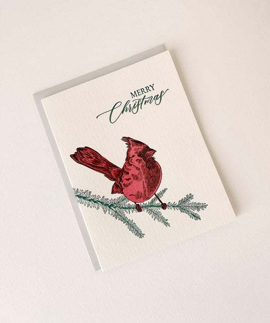 Letterpress holiday card with cardinal that says "Merry Christmas" by Rust Belt Love