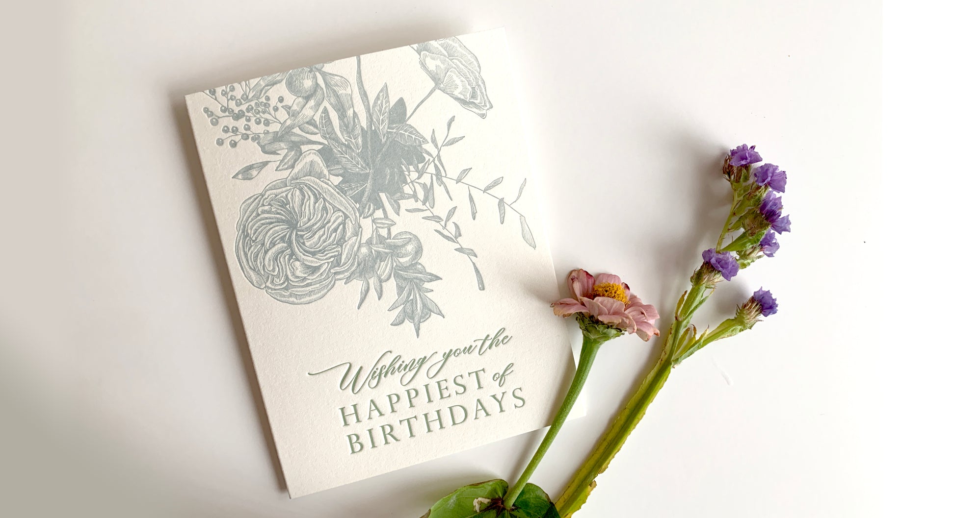Letterpress birthday card with florals that says "Wishing you the happiest of birthdays" by Rust Belt Love