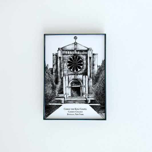 Christ the King Chapel Canisius College illustration in black ink on white paper by Rust Belt Love