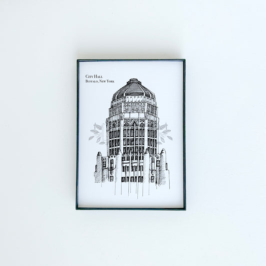 City Hall illustration in black ink on white paper by Rust Belt Love