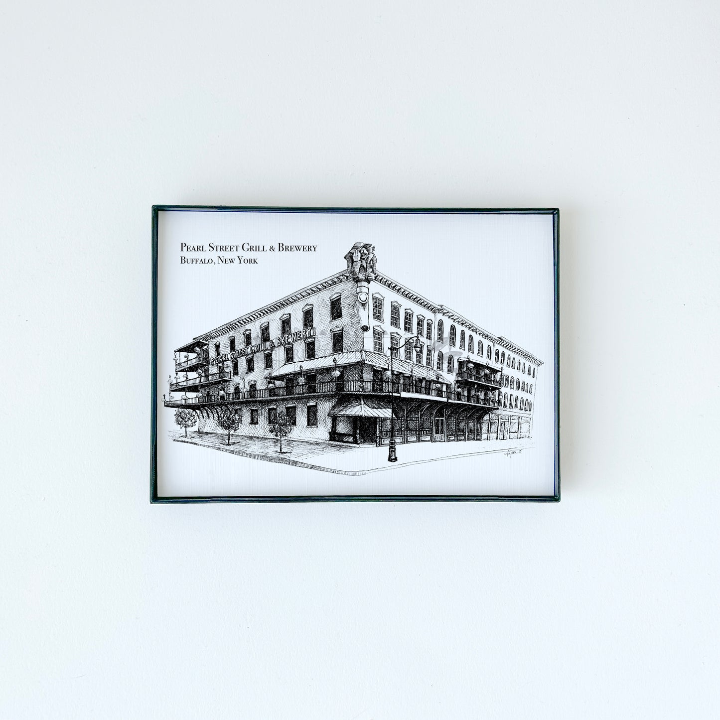 Pearl Street Grill & Brewery illustration in black ink on white paper by Rust Belt Love