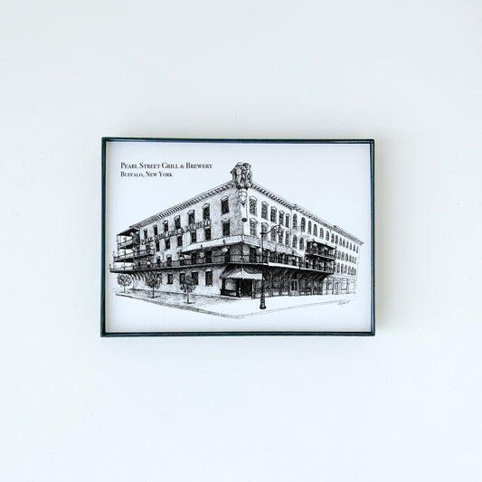 Pearl Street Grill & Brewery illustration in black ink on white paper by Rust Belt Love