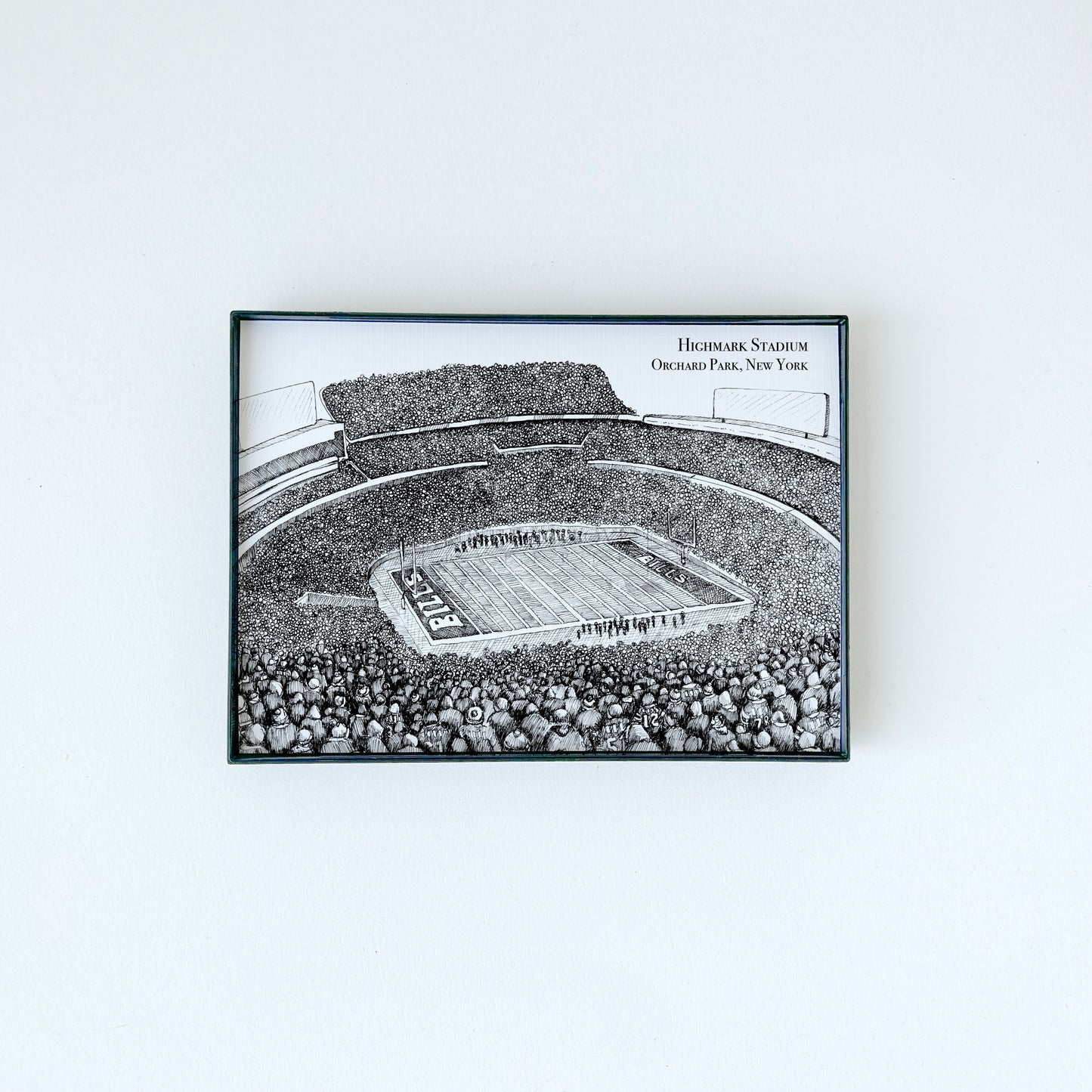 Highmark Stadium illustration in black ink on white paper by Rust Belt Love