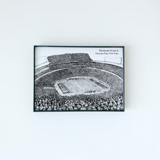 Highmark Stadium illustration in black ink on white paper by Rust Belt Love