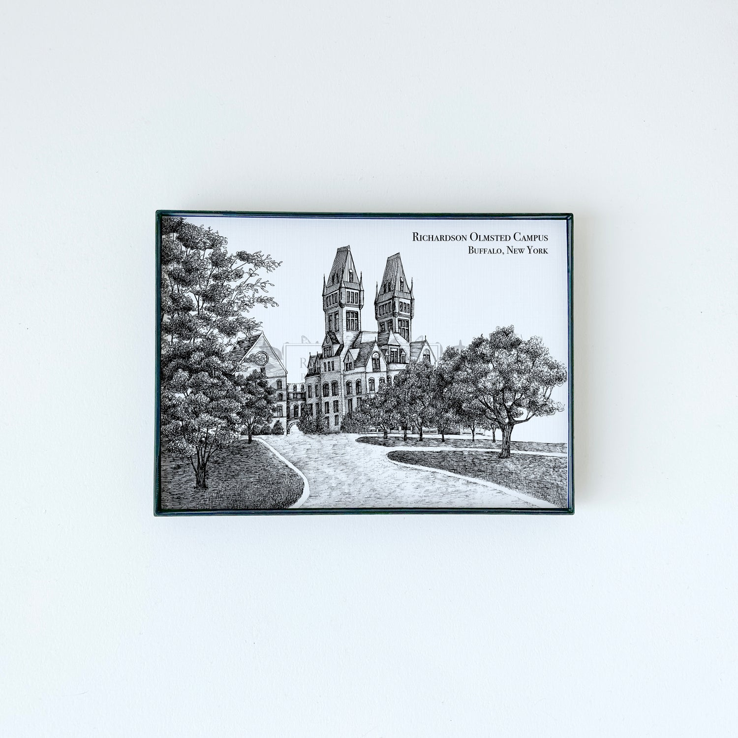 Richardson Olmsted Campus illustration in black ink on white paper by Rust Belt Love