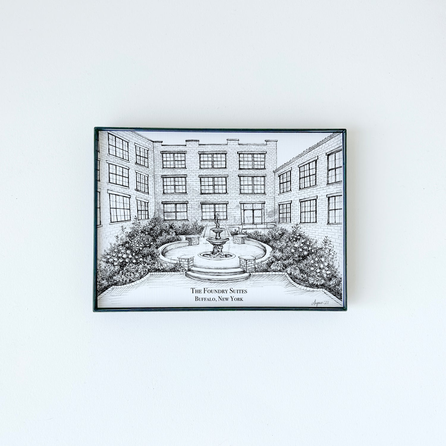 The Foundry Suites illustration on white paper with black ink by Rust Belt Love
