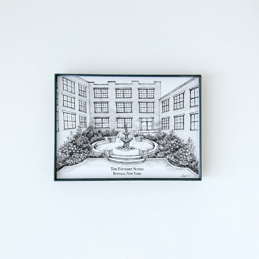 The Foundry Suites illustration on white paper with black ink by Rust Belt Love