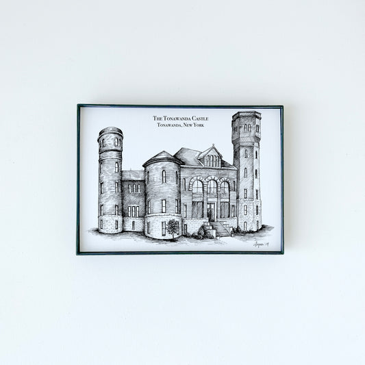 The Tonawanda Castle illustration on white paper with black ink by Rust Belt Love