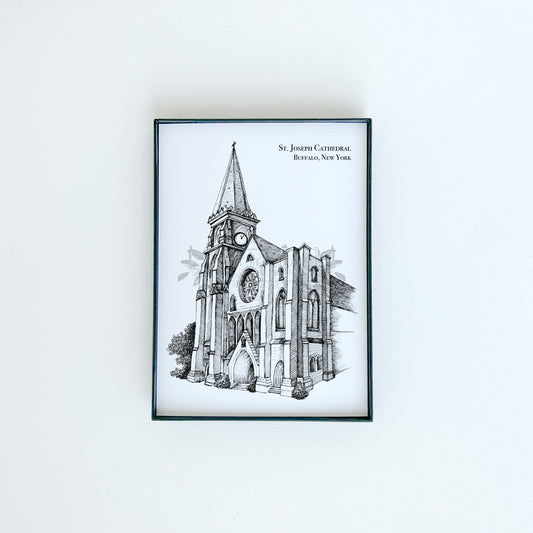 St. Joseph's Cathedral illustration in black ink on white paper by Rust Belt Love