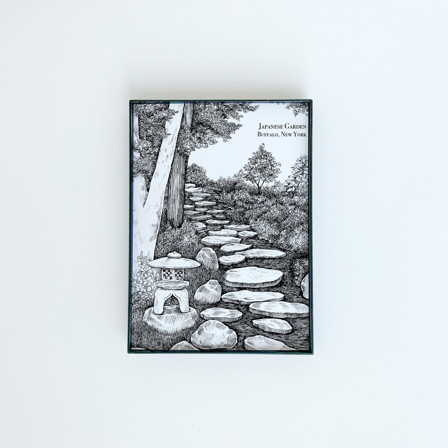 Japanese Garden illustration in black in on white paper by Rust Belt Love