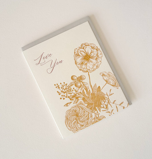 Letterpress love card with florals that says "Love you" by Rust Belt Love