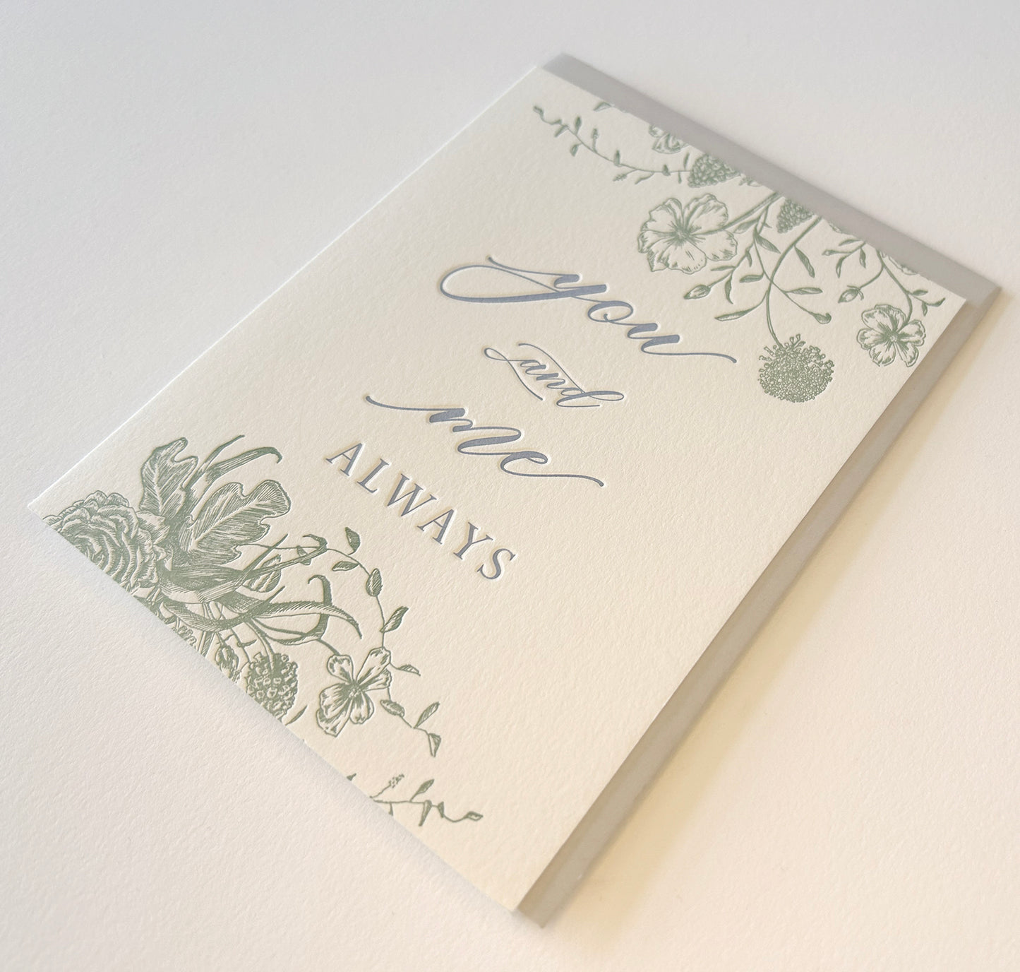Letterpress love card with florals that says "You and me always" by Rust Belt Love
