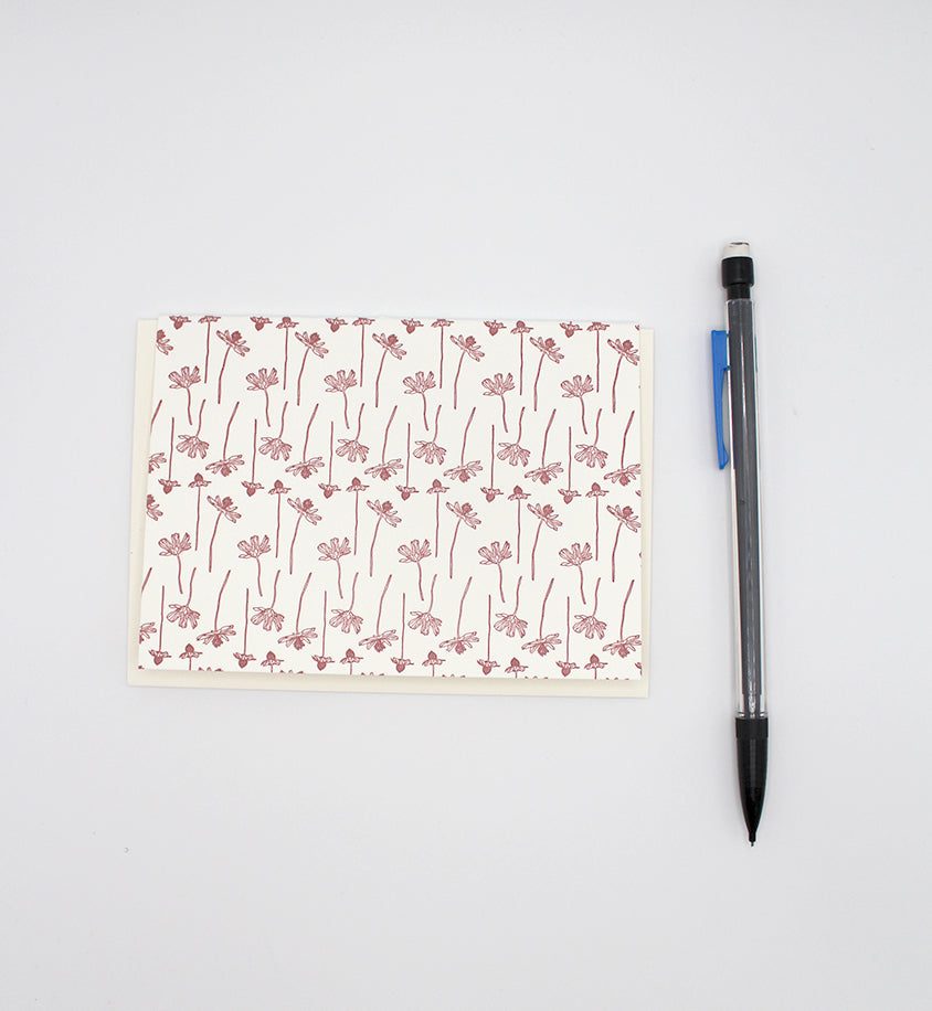 Letterpress linear floral pattern small note card by Rust Belt Love, shown with pencil for size reference