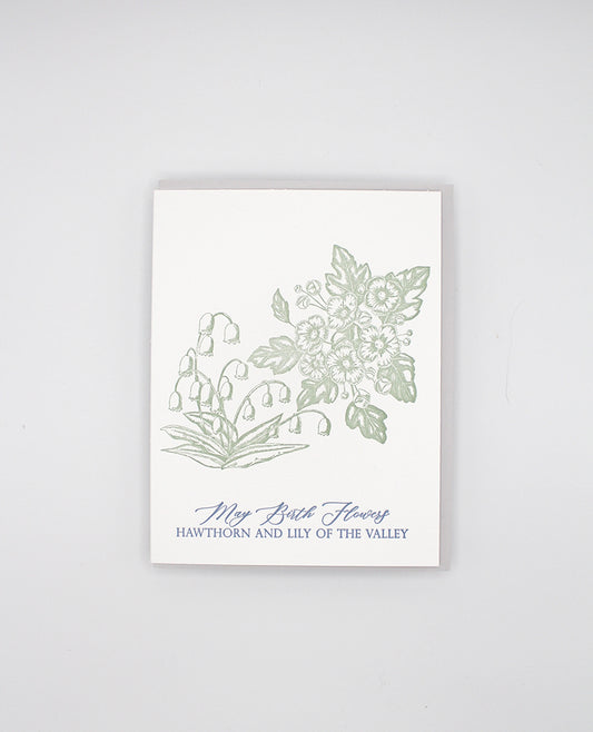 Letterpress birthday card with green florals that reads "May birth flowers hawthorn and lily of the valley" by Rust Belt Love