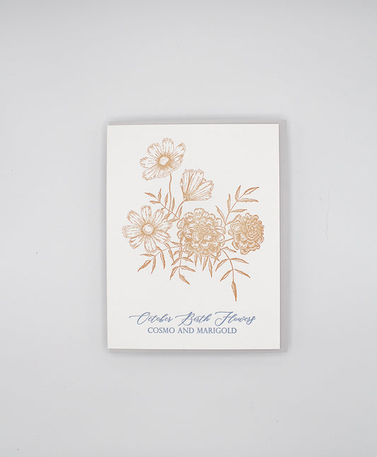 Letterpress birthday card with florals that says "October birth flowers cosmo and marigold" by Rust Belt Love