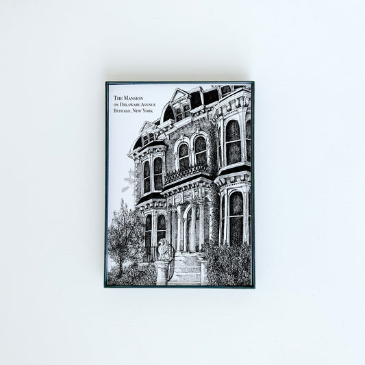 The Mansion on Delaware Avenue illustration in black ink on white paper by Rust Belt Love