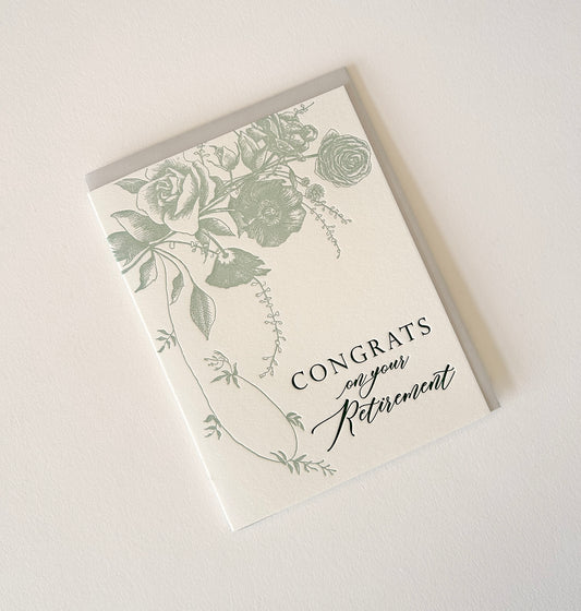 Letterpress retirement card with florals that says " Congrats on Your Retirement" by Rust Belt Love