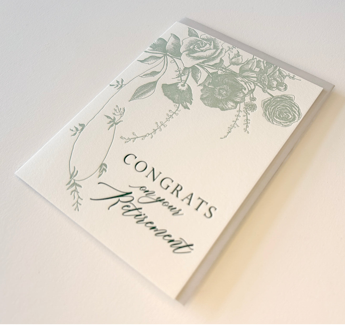 Letterpress retirement card with florals that says " Congrats on Your Retirement" by Rust Belt Love