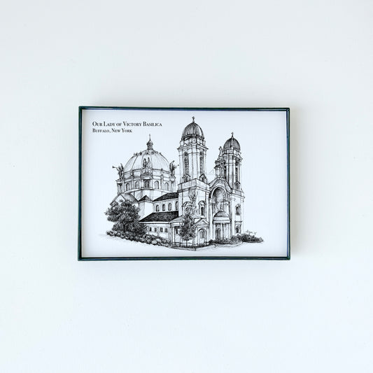 Our Lady of Victory Basilica illustration in black ink on white paper by Rust Belt Love