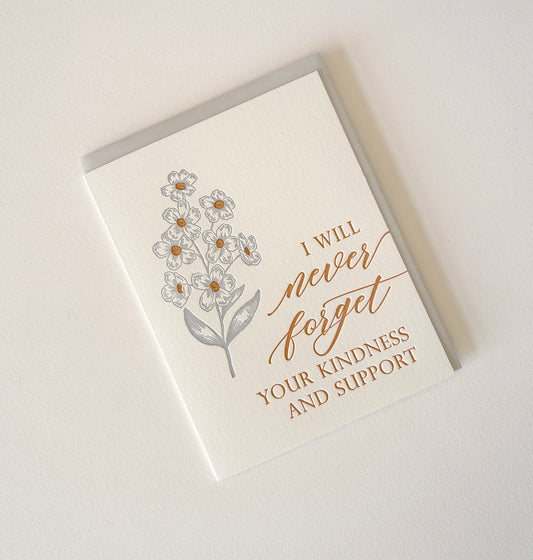 I Will Never Forget Your Kindness and Support Letterpress Greeting Card