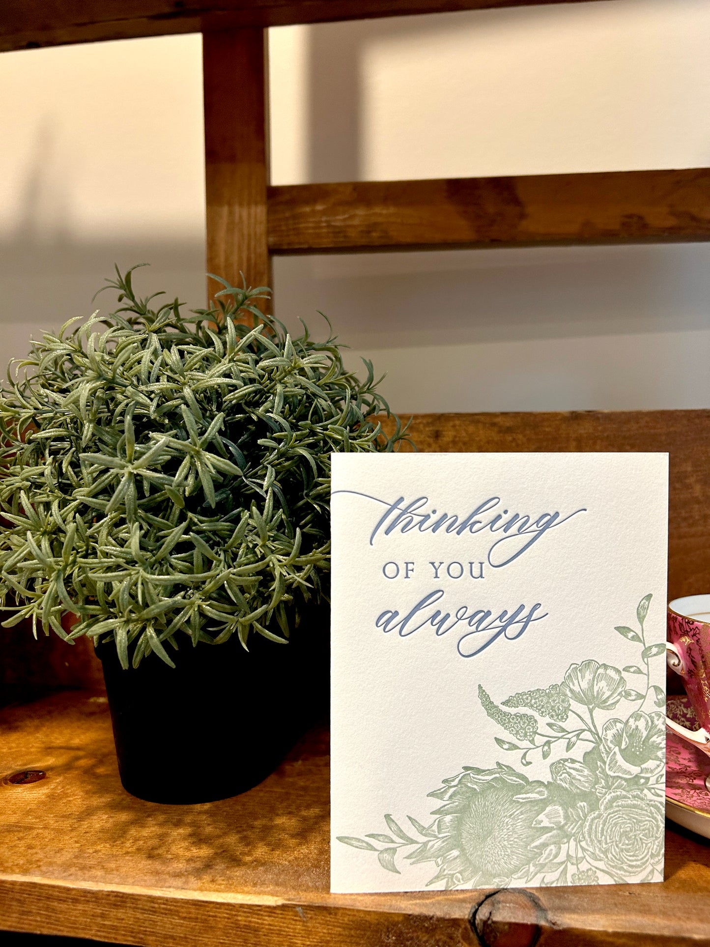 Letterpress friendship card with florals that says "thinking of you always" by Rust Belt Love