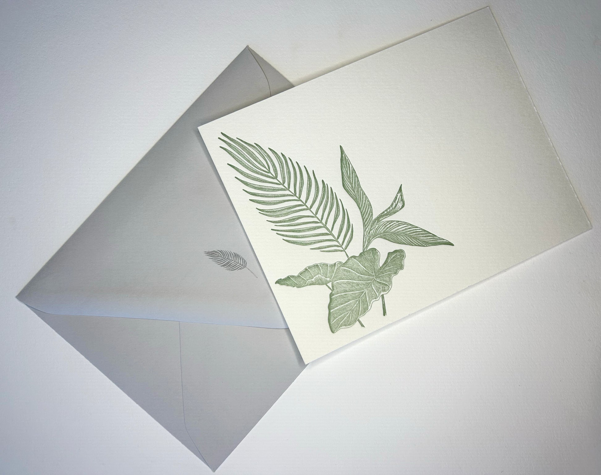 Letterpress tropical green leaf note card with matching grey envelope by Rust Belt Love