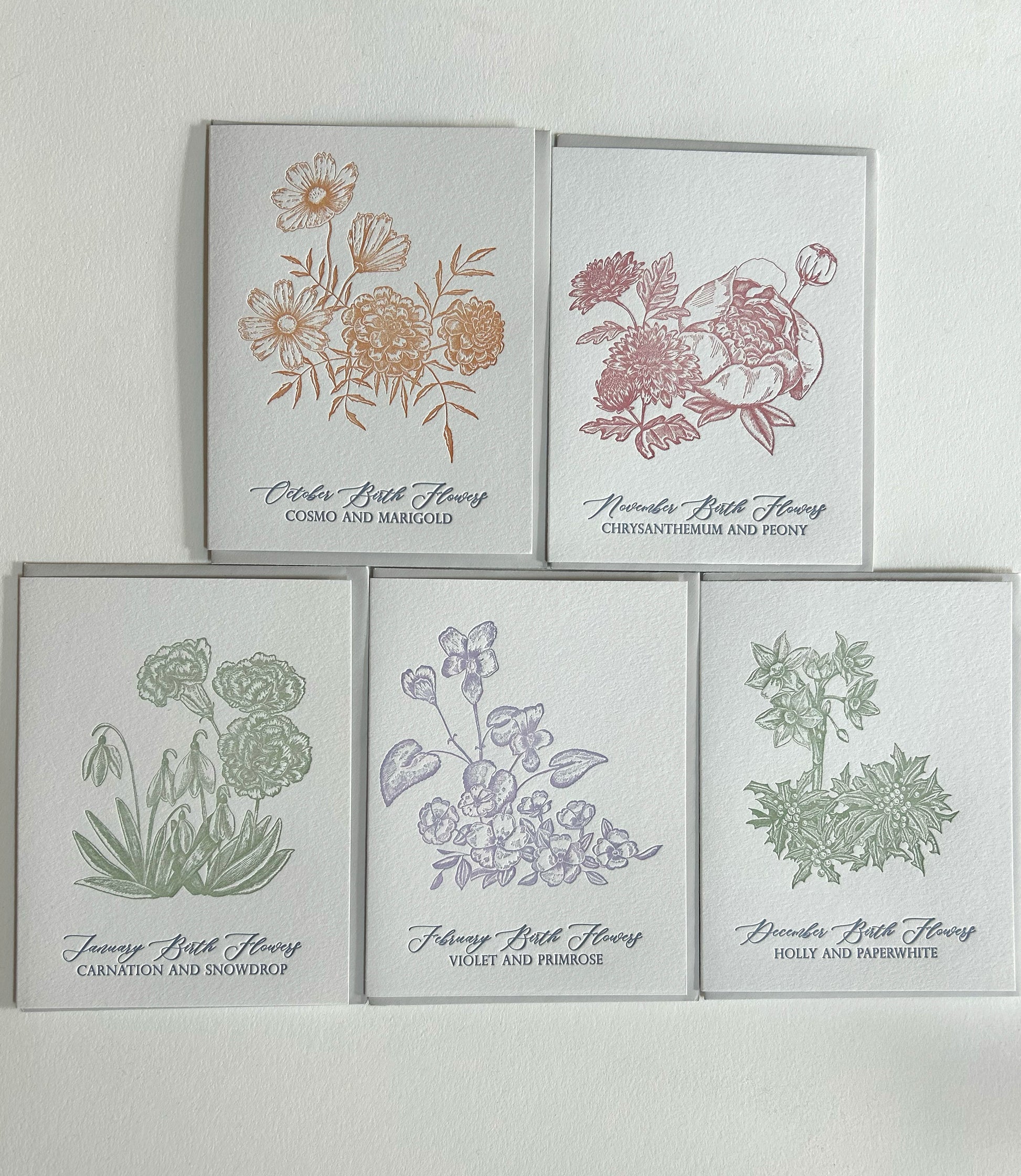 A variety of letterpress birth flower greeting cards by Rust Belt Love