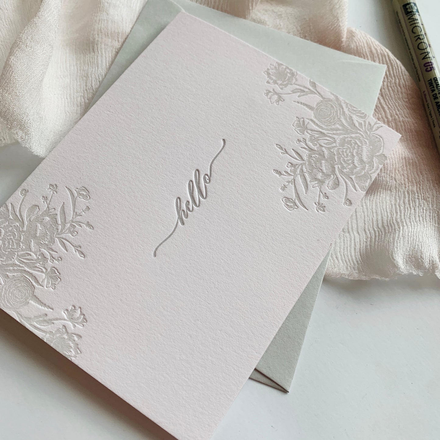 Letterpress greeting card with florals that says "Hello" by Rust Belt Love.