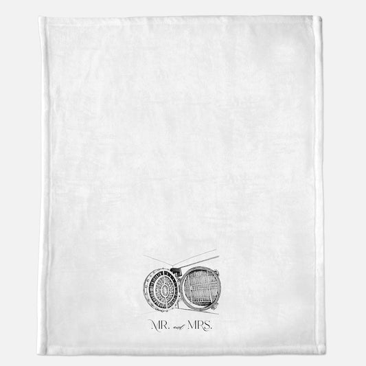 White minky blanket with Admiral Room illustration that says " Mr. and Mrs." by Rust Belt Love