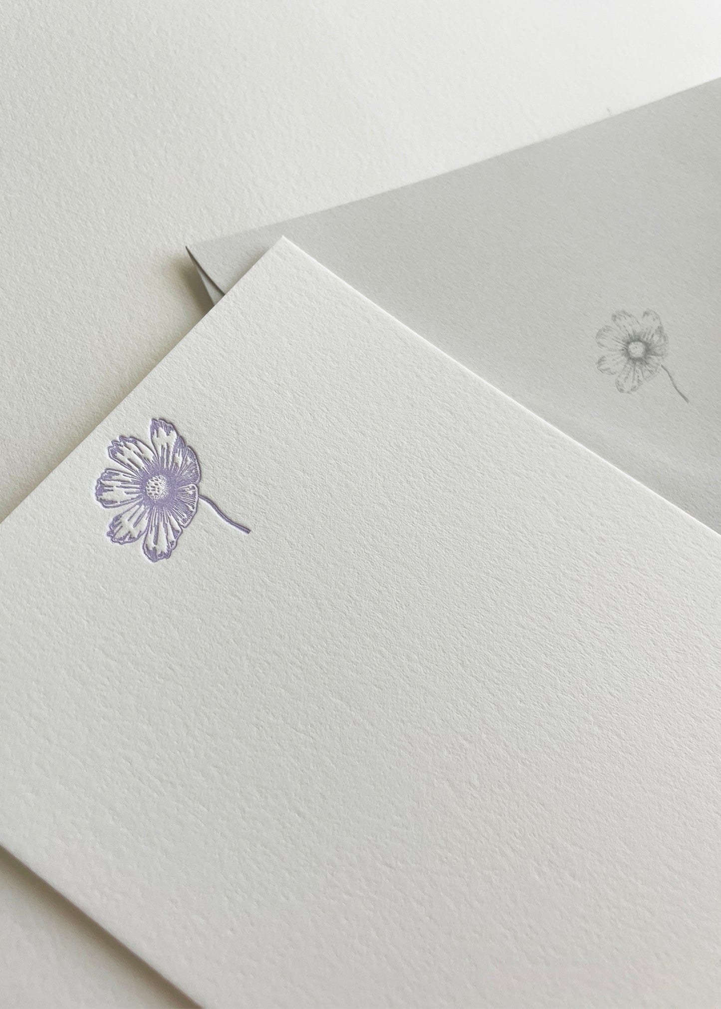 Letterpress flat note card with a purple cosmo flower by Rust Belt Love