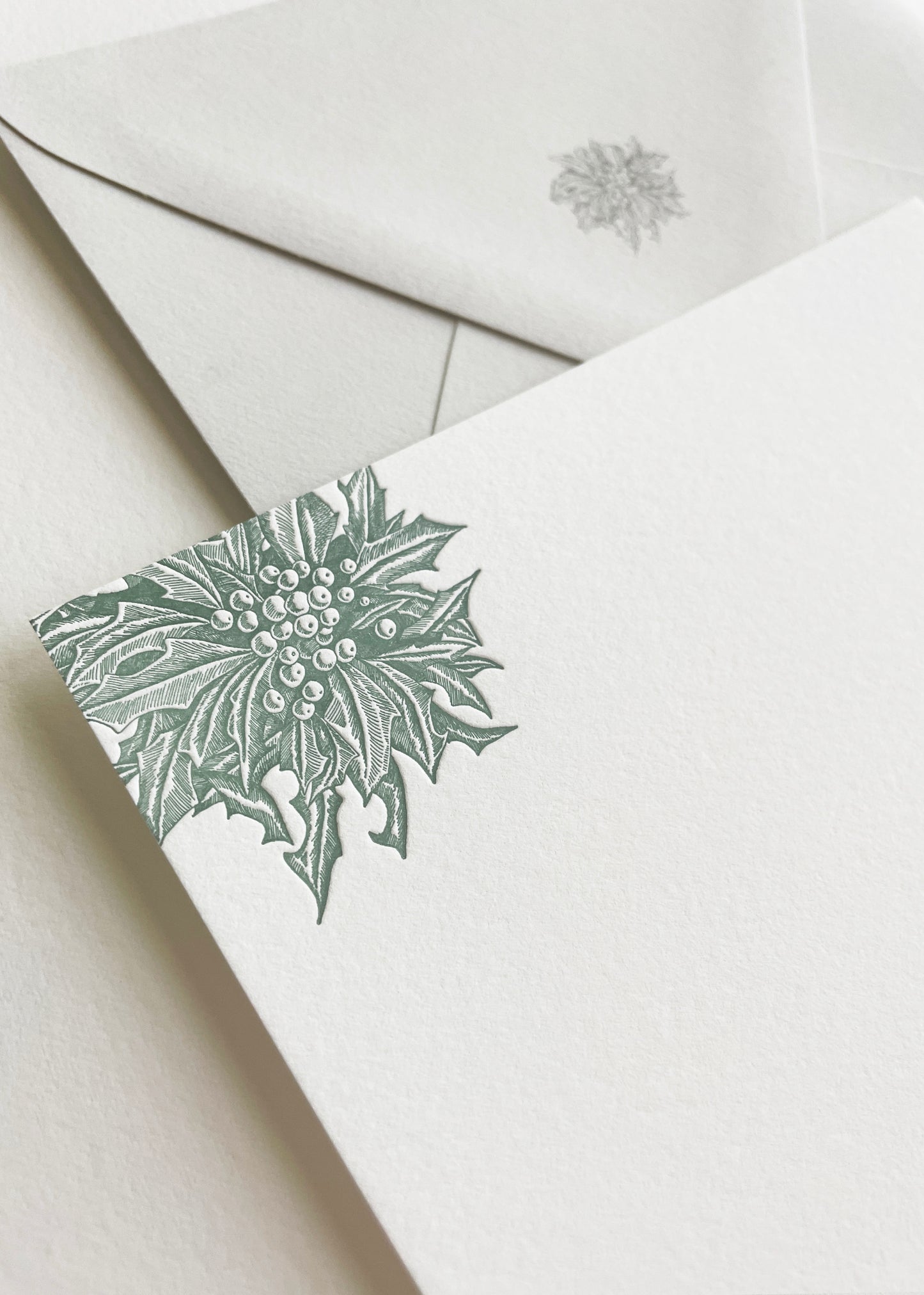 Letterpress flat note card with a green holly by Rust Belt Love