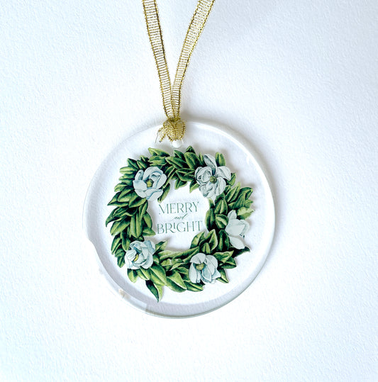  Merry and bright magnolia wreath glass ornament by rust belt love