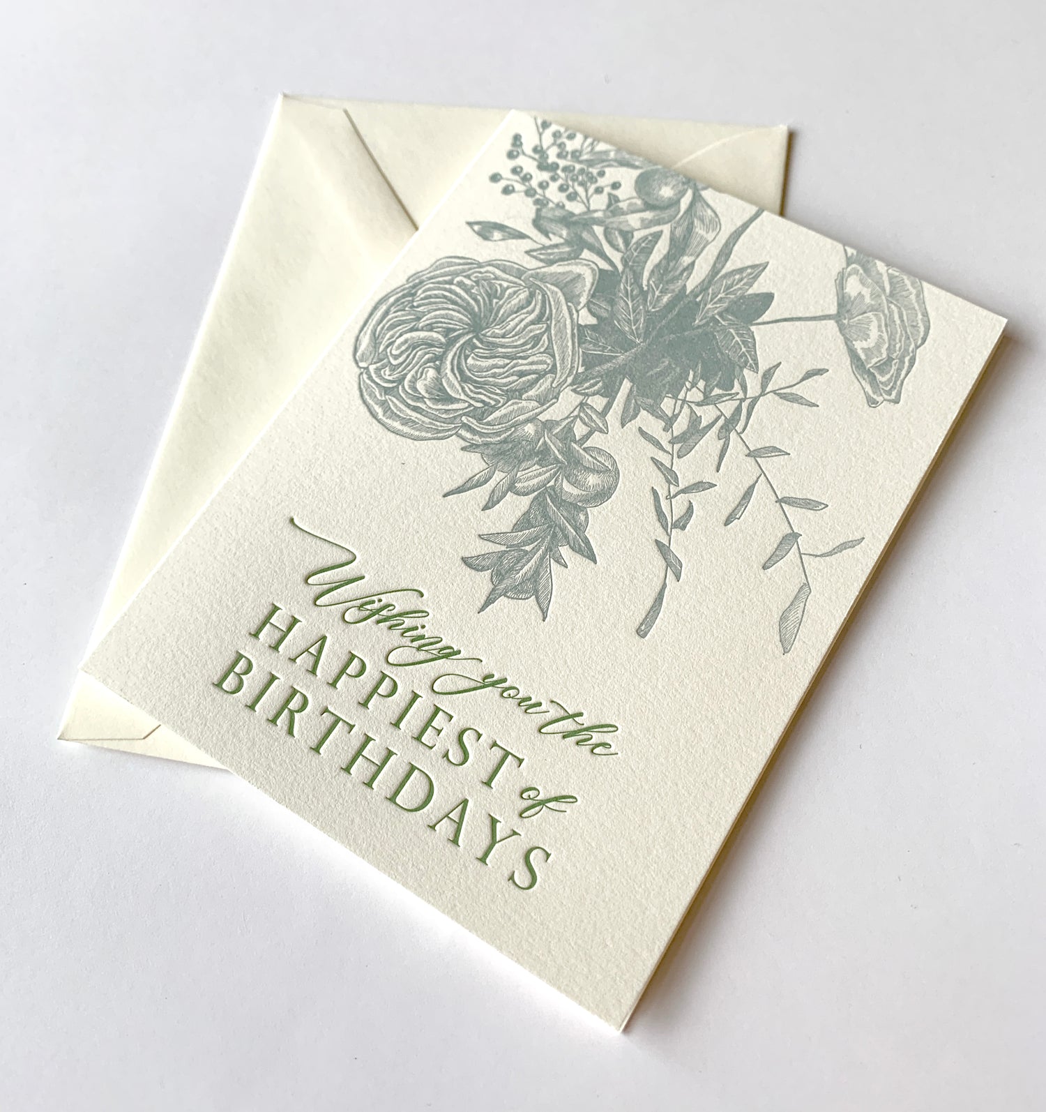 Letterpress birthday card with florals that says "Wishing you the happiest of birthdays" by Rust Belt Love