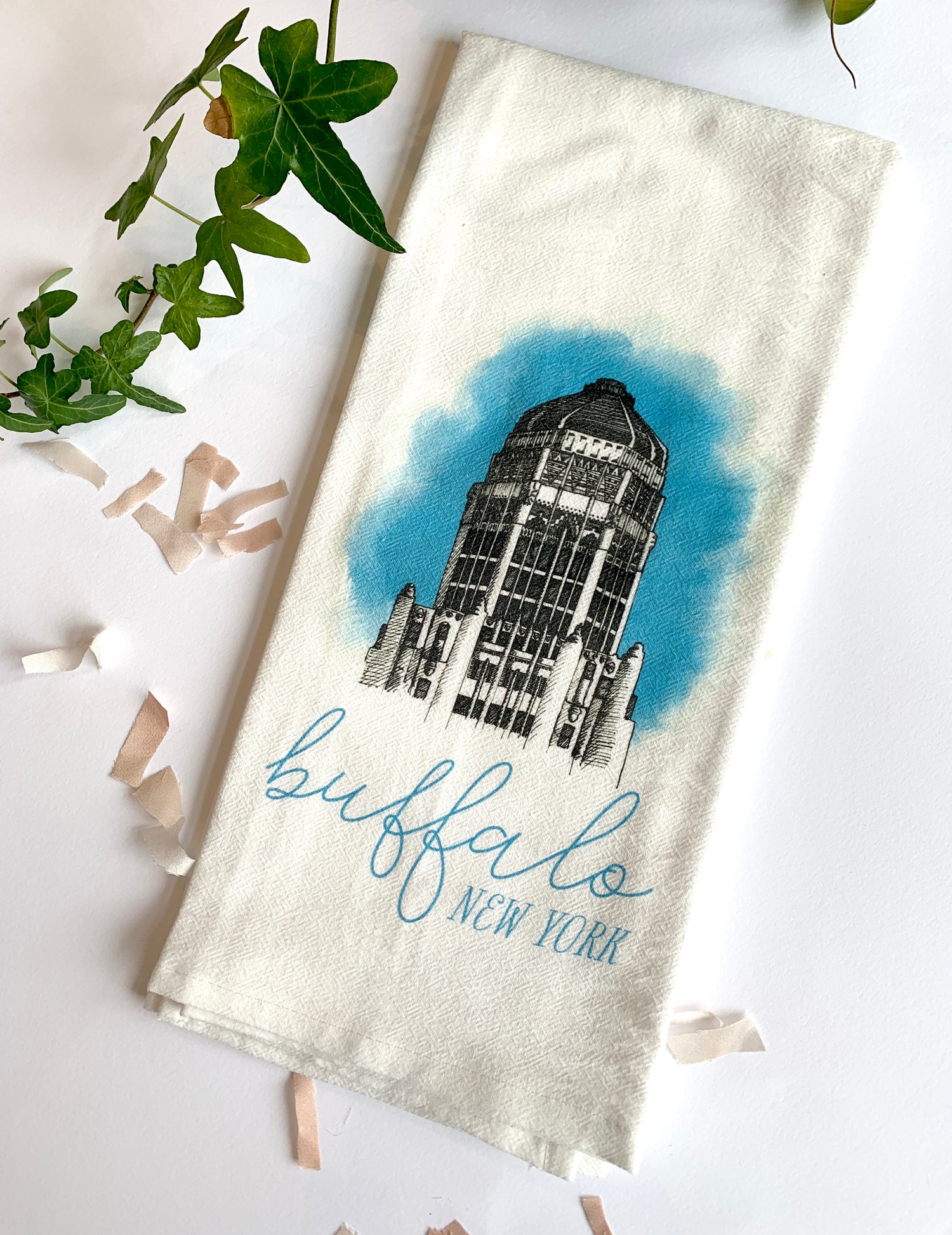 White tea towel with city hall that says "buffalo new york" by Rust Belt Love