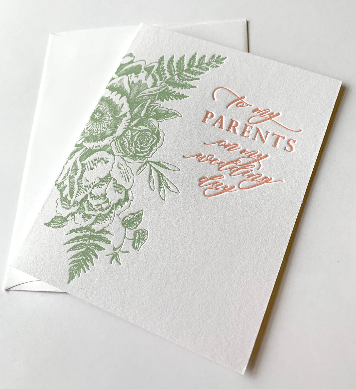 Letterpress wedding card with florals that says "to my parents on my wedding day" by Rust Belt Love