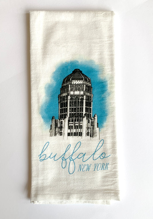 White tea towel with city hall that says "buffalo new york" by Rust Belt Love