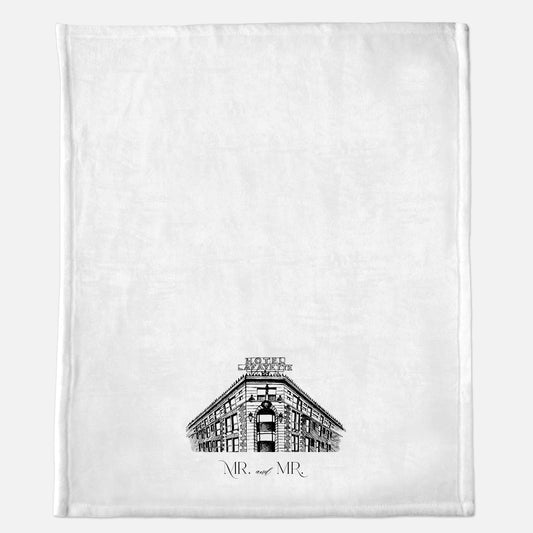 White minky blanket with Hotel Lafayette illustration that says "Mr. and Mr." by Rust Belt Love