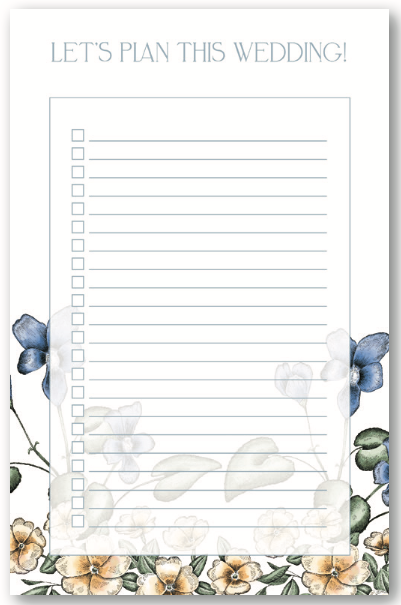 5.5 by 8.5 notepad with lined sheets with multi-colored florals that says "Let's plan this wedding!" by Rust Belt Love
